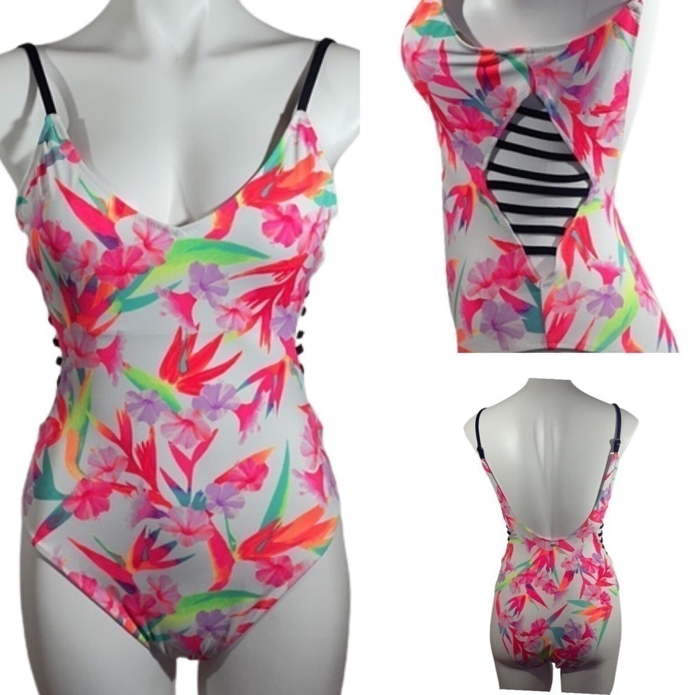 Victoria Secret Pink One Piece Swimsuit White Floral Print Strappy cutouts M